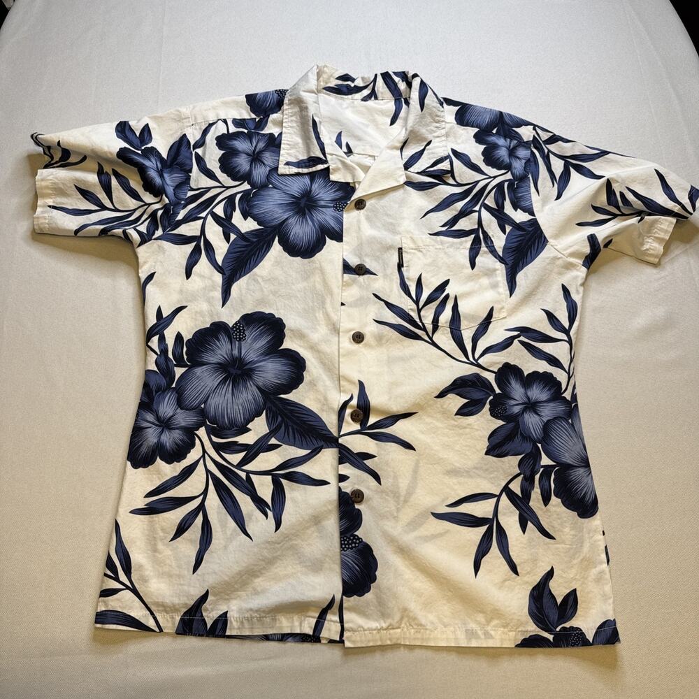 Palmwave Hawaii Men’s Navy White Size L Aloha Hawaiian Shirt Floral Cotton #0059